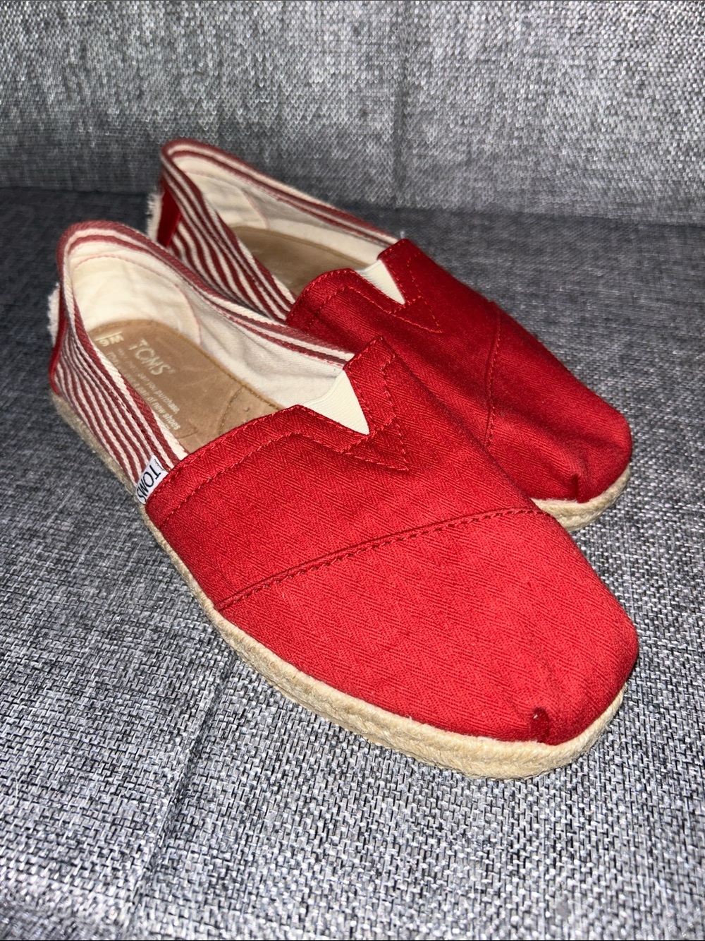 Toms Red Canvas Slip-On Flats with Striped Heel